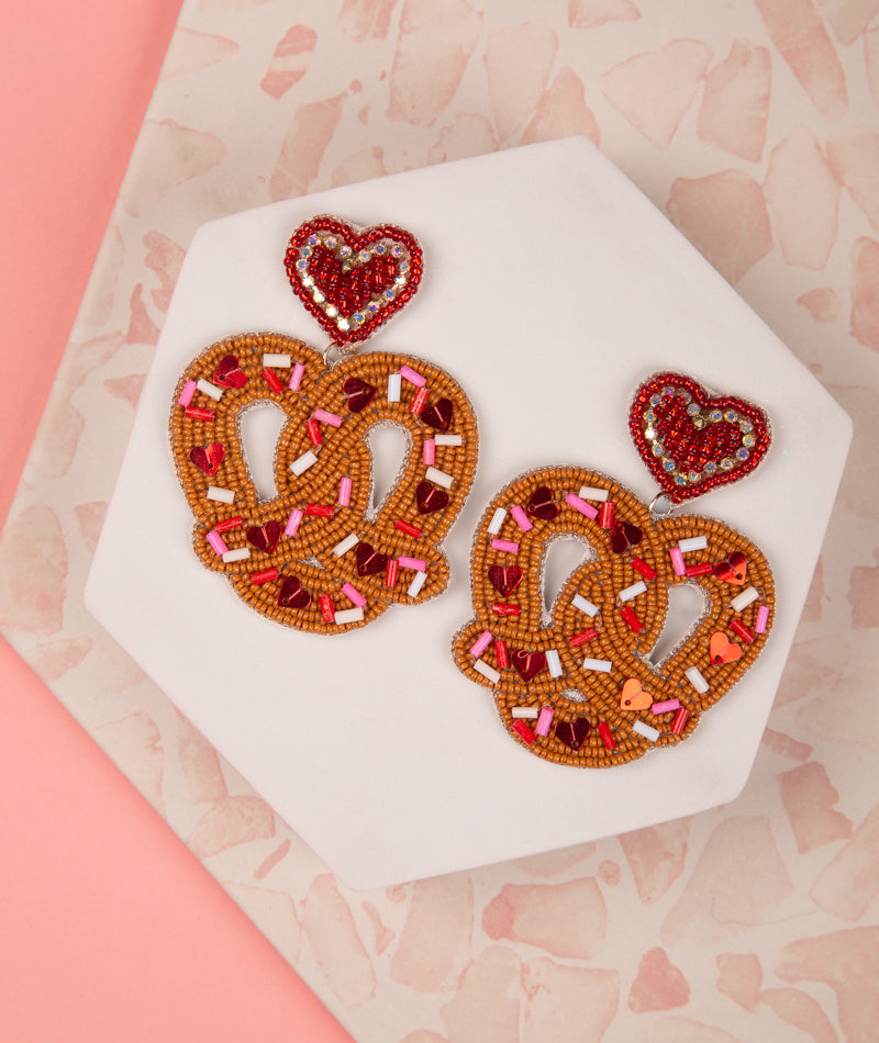 Sprinkle Covered Pretzel Beaded Valentine Earrings