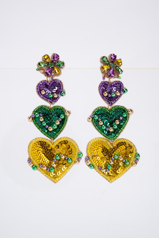 Kaylee Mardi Gras Gemstone Beaded Heart Drop Earrings