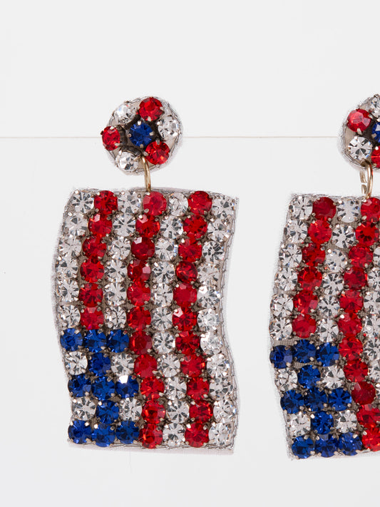 Melody Patriotic USA Flag Crystal Rhinestone Dangle Earrings