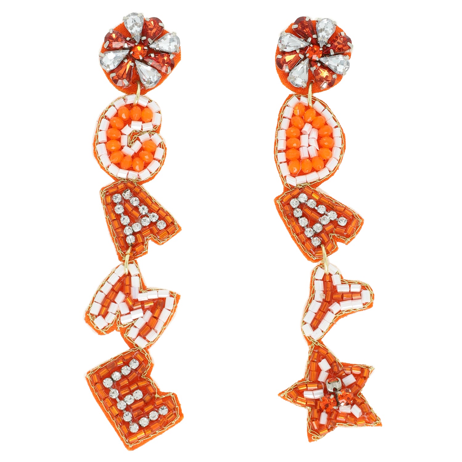 Becky Game Day Letter Beaded Rhinestone Post Earrings | Orange & White