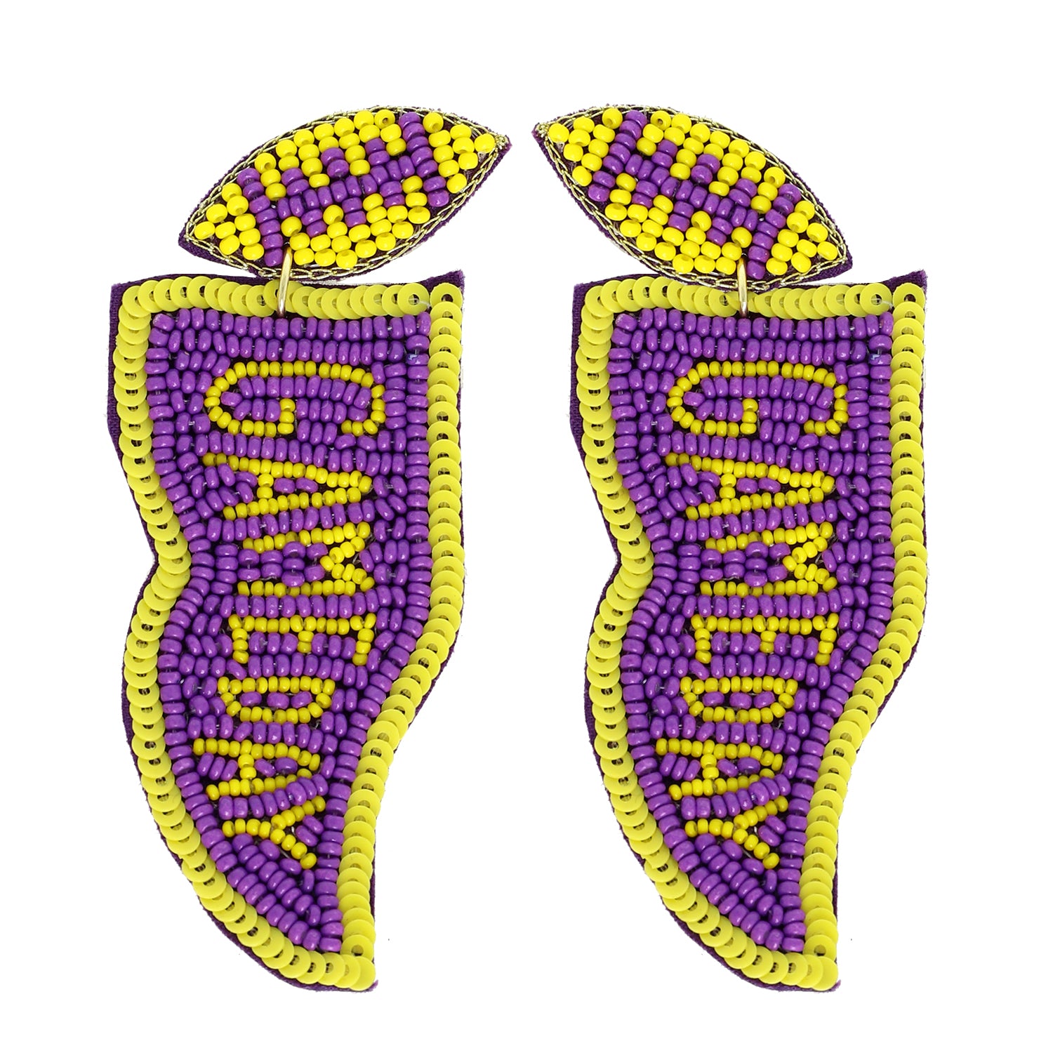 Amber Game Day Letter Beaded Sequins Flag Post Earrings | Purple & Yellow