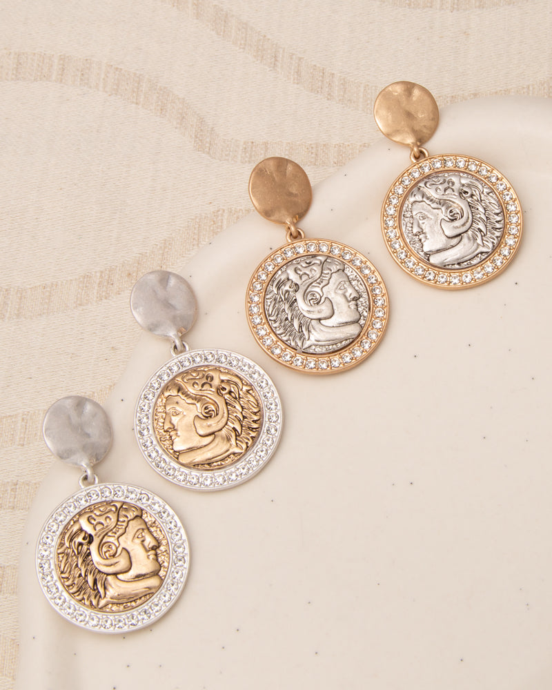 Celeste Rhinestone Trim Roman Imperial King Intaglio Coin Earrings
