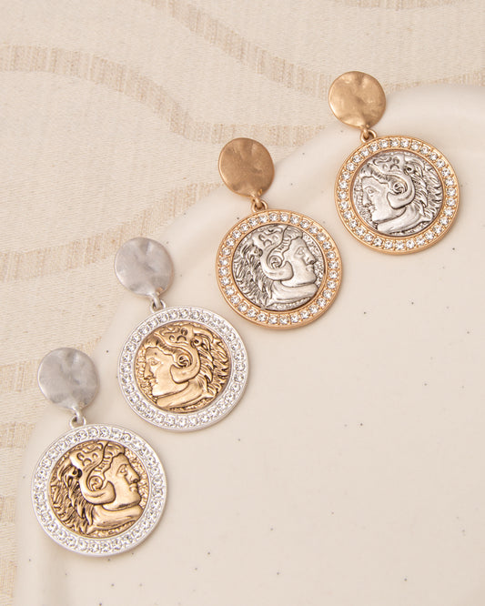 Celeste Rhinestone Trim Roman Imperial King Intaglio Coin Earrings