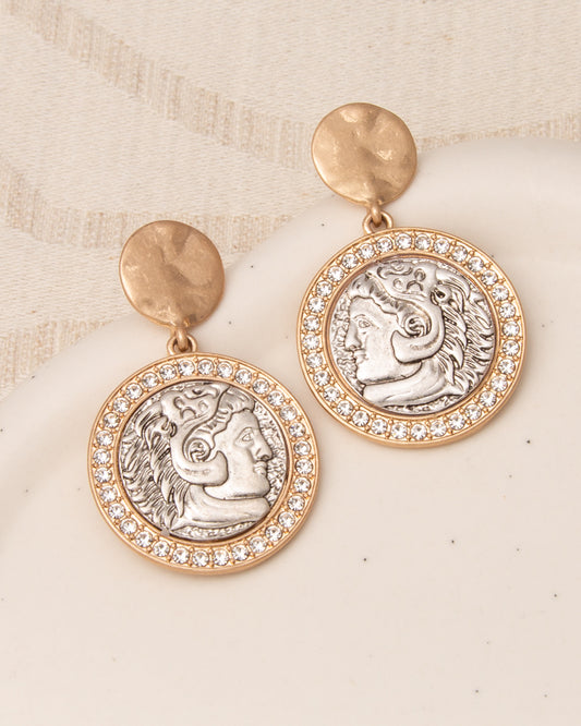 Celeste Rhinestone Trim Roman Imperial King Intaglio Coin Earrings | Gold