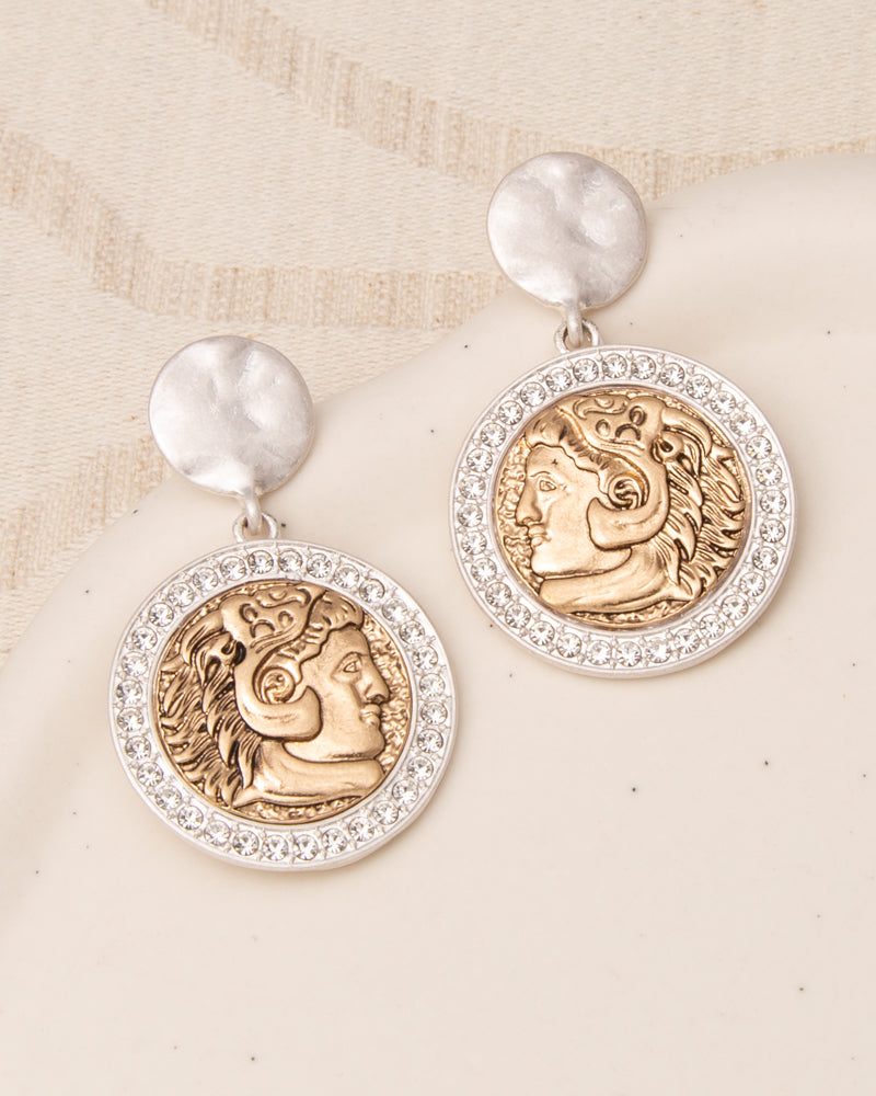 Celeste Rhinestone Trim Roman Imperial King Intaglio Coin Earrings