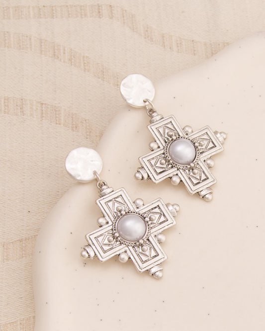 Ruby Textured Cross Post Dangle Earrings | Silver