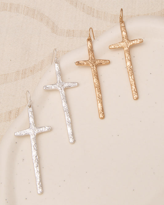 Molly Rough Textured Finish Latin Cross Dangle Earrings