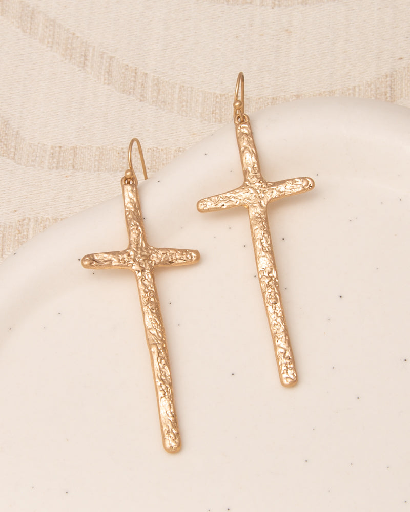 Molly Rough Textured Finish Latin Cross Dangle Earrings | Gold