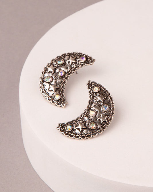 Josephine Western Star Pattered Crescent Moon Earrings | Iridescent