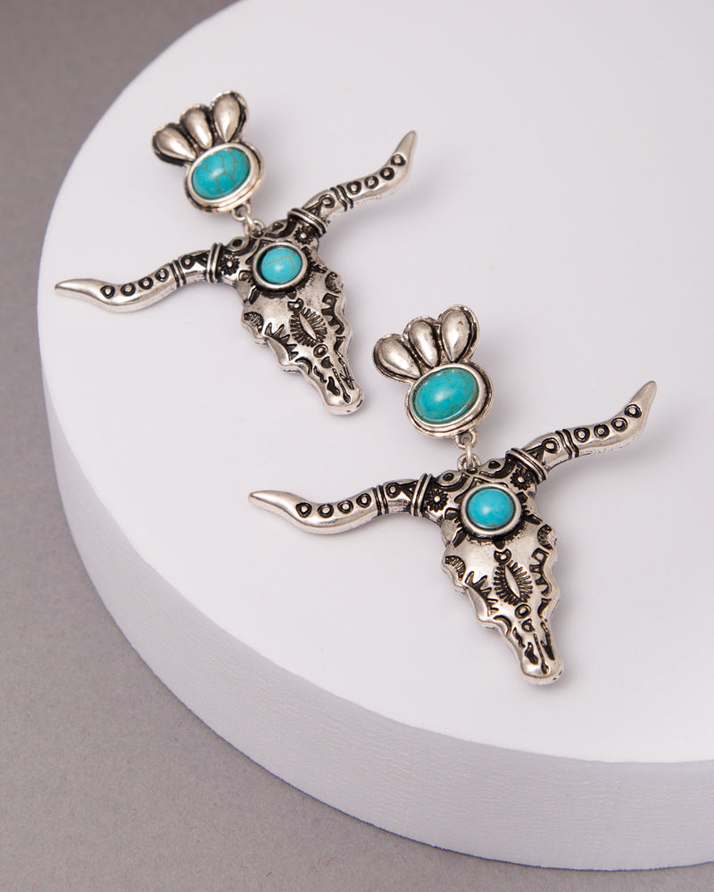 Lillian Western Turquoise Ox Skull Dangle Earrings