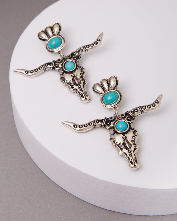 Lillian Western Turquoise Ox Skull Dangle Earrings