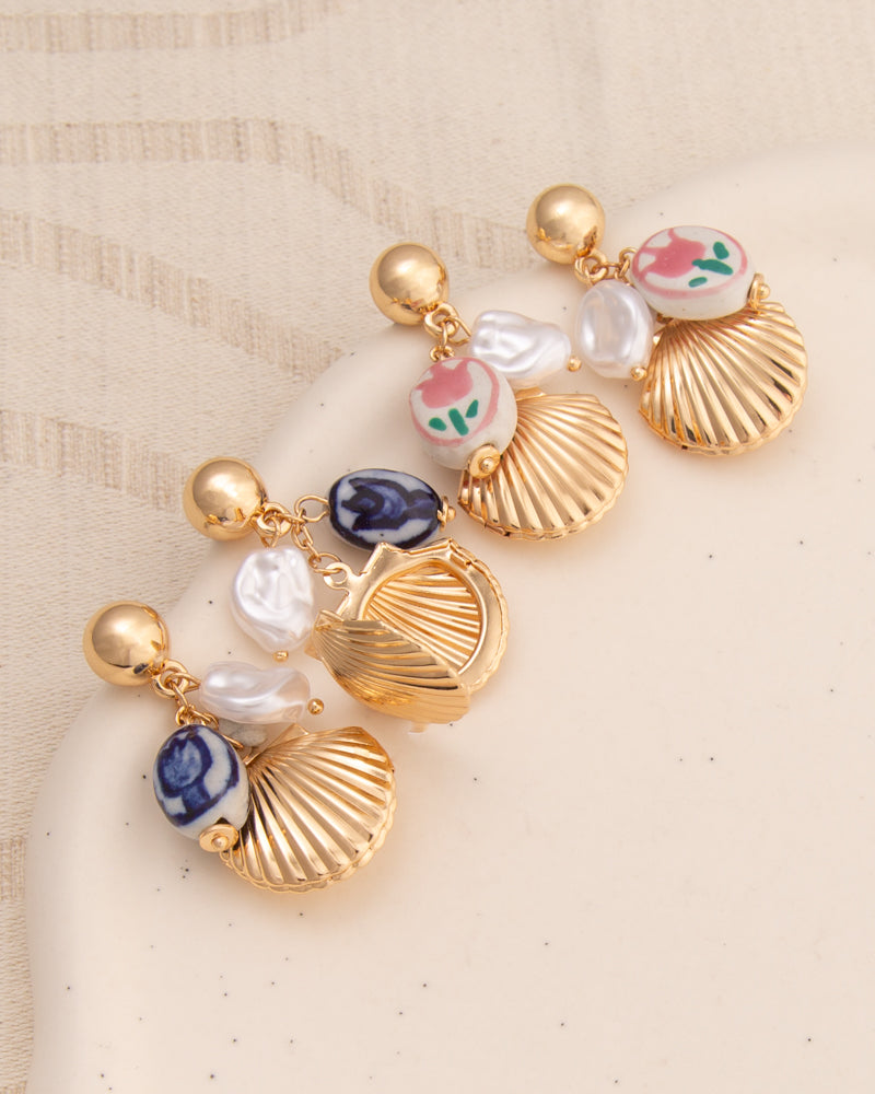 Victoria Seashell Locket Post Dangle Earrings