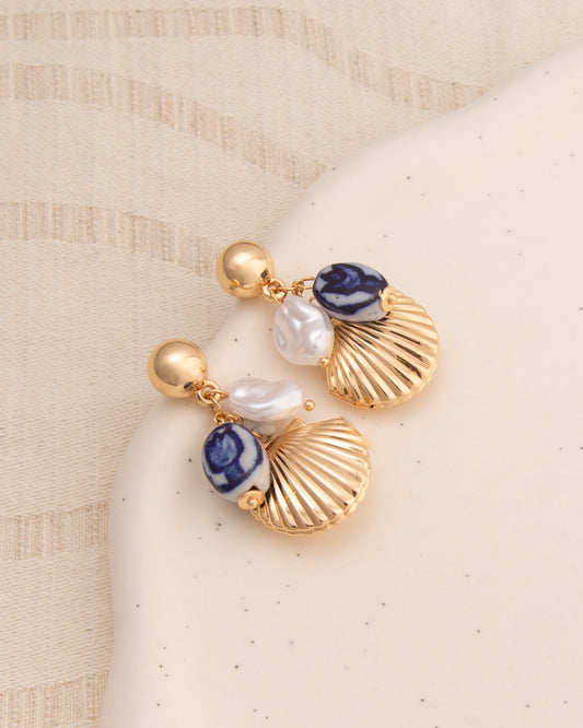 Victoria Seashell Locket Post Dangle Earrings | Blue