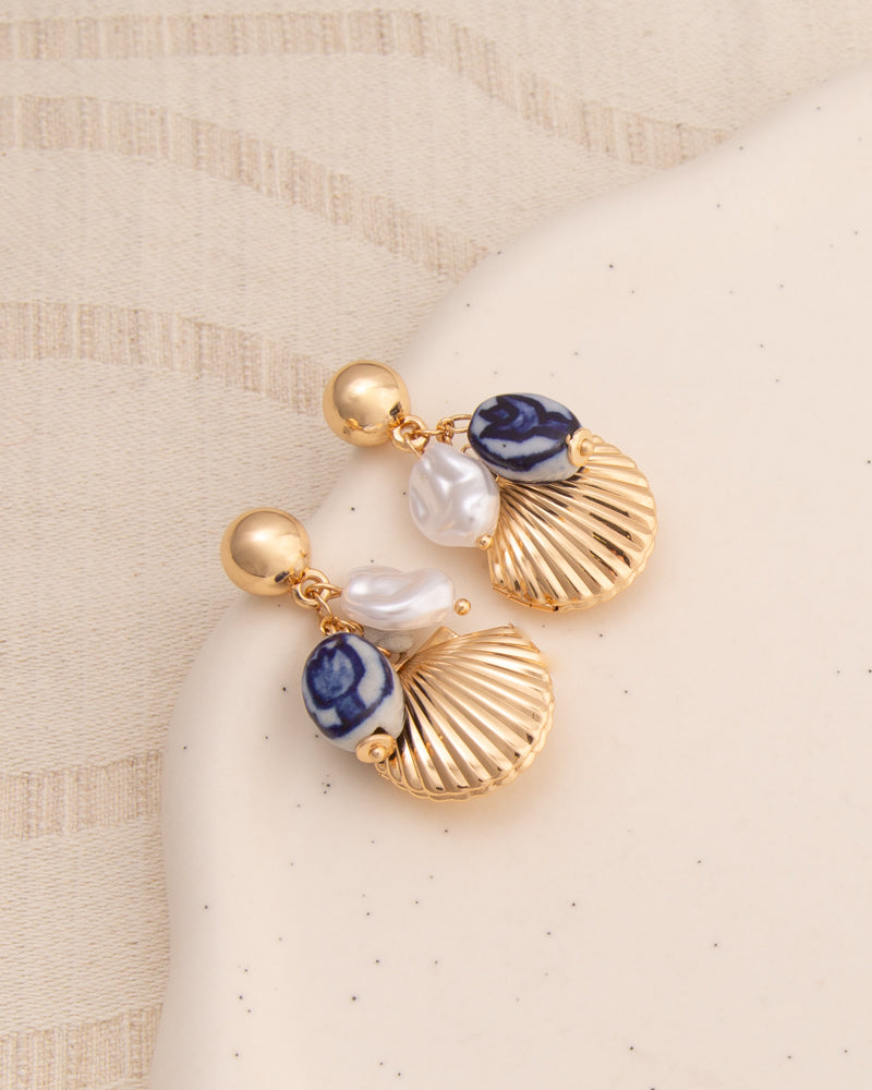 Victoria Seashell Locket Post Dangle Earrings | Blue