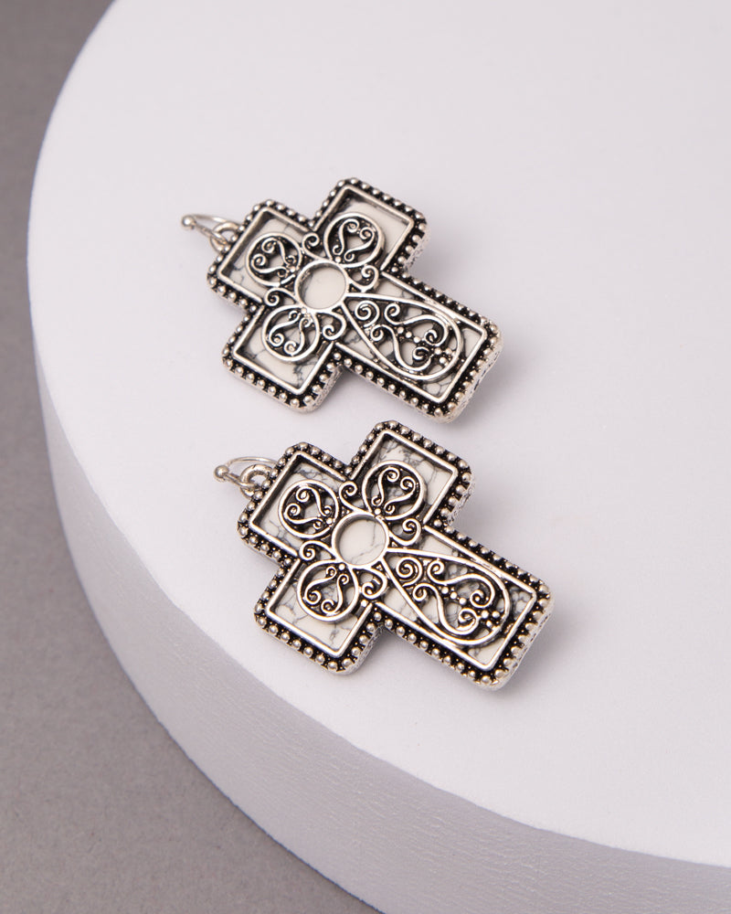 Caroline Western Turquoise Scrolled Filigree Cross Earrings | Silver