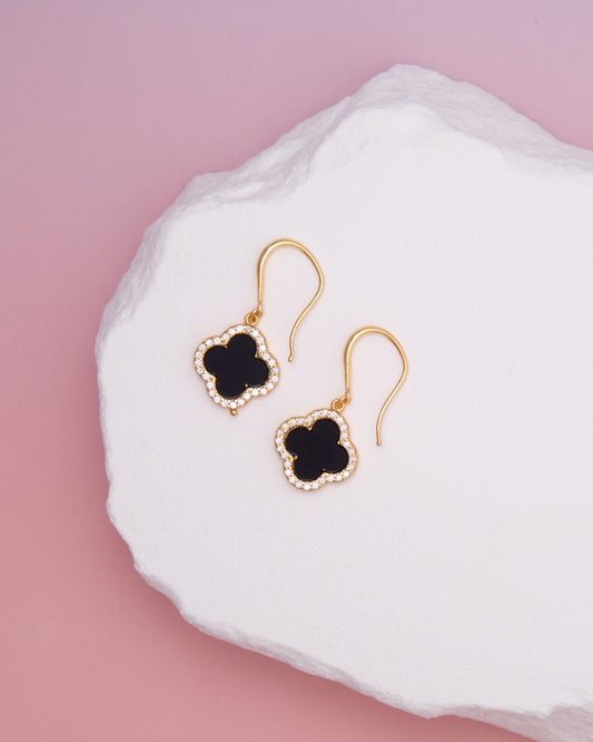 Luna Gold plated CZ Pave Quatrefoil Dangle Earrings | Black