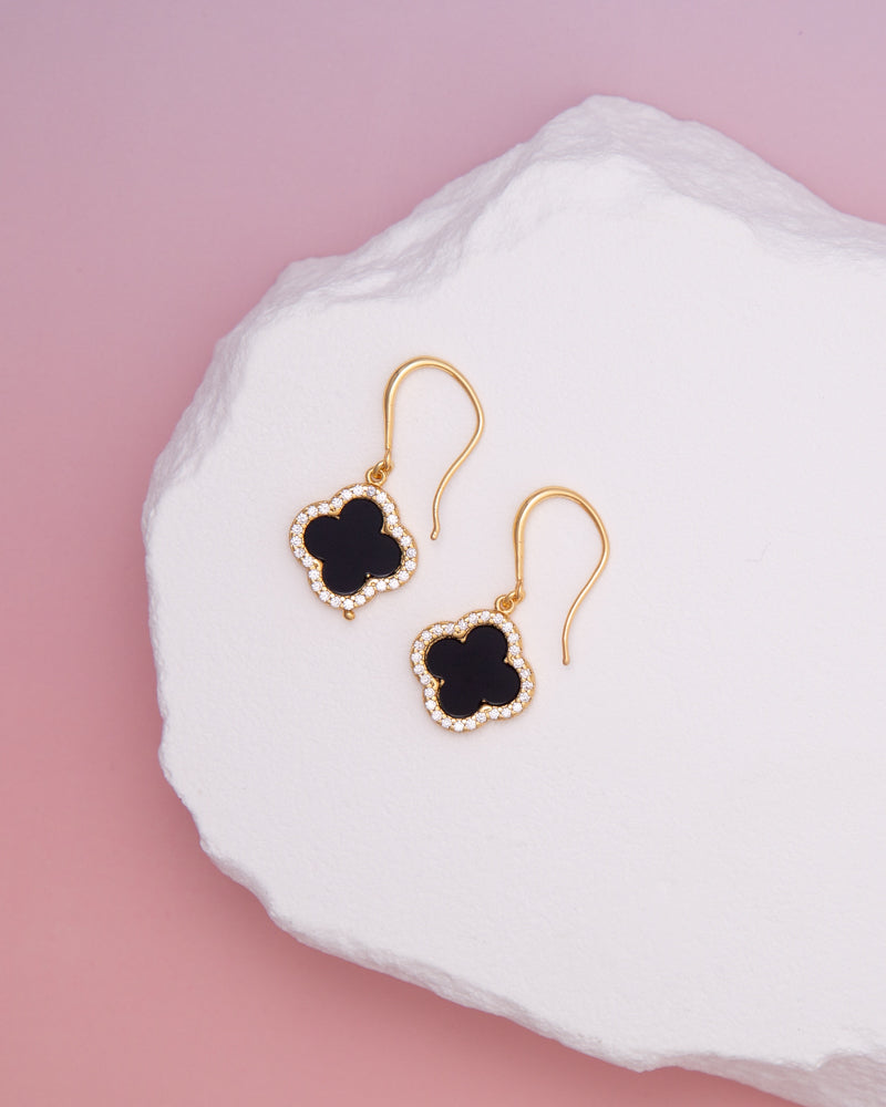 Luna Gold plated CZ Pave Quatrefoil Dangle Earrings | Black