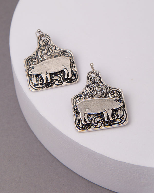 Allison Western Etched Scrolled Pig Cattle Tag Dangle Earrings