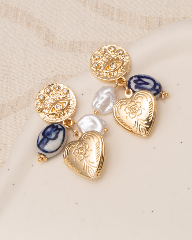 Blair Evil Eye Earrings with Floral Articulated Heart Locket