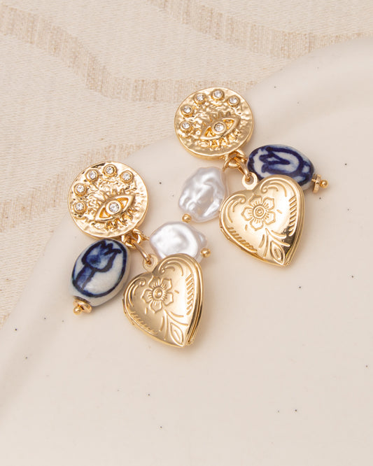 Blair Evil Eye Earrings with Floral Articulated Heart Locket