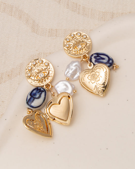 Blair Evil Eye Earrings with Floral Articulated Heart Locket
