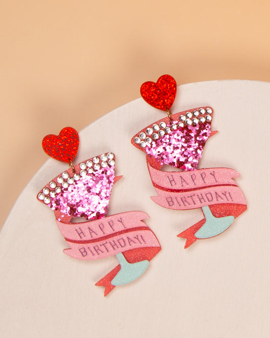 Delaney "Happy Birthday" Glittered Heart Martini Dangle Earrings