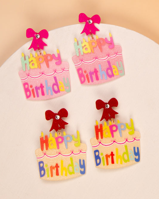 Alexandra "Happy Birthday" Glittered Cake Post Dangle Word Earrings