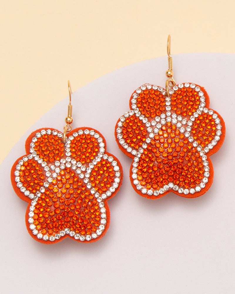 Athena Gameday Rhinestone Pave Paw Print Dangle Earrings | Orange
