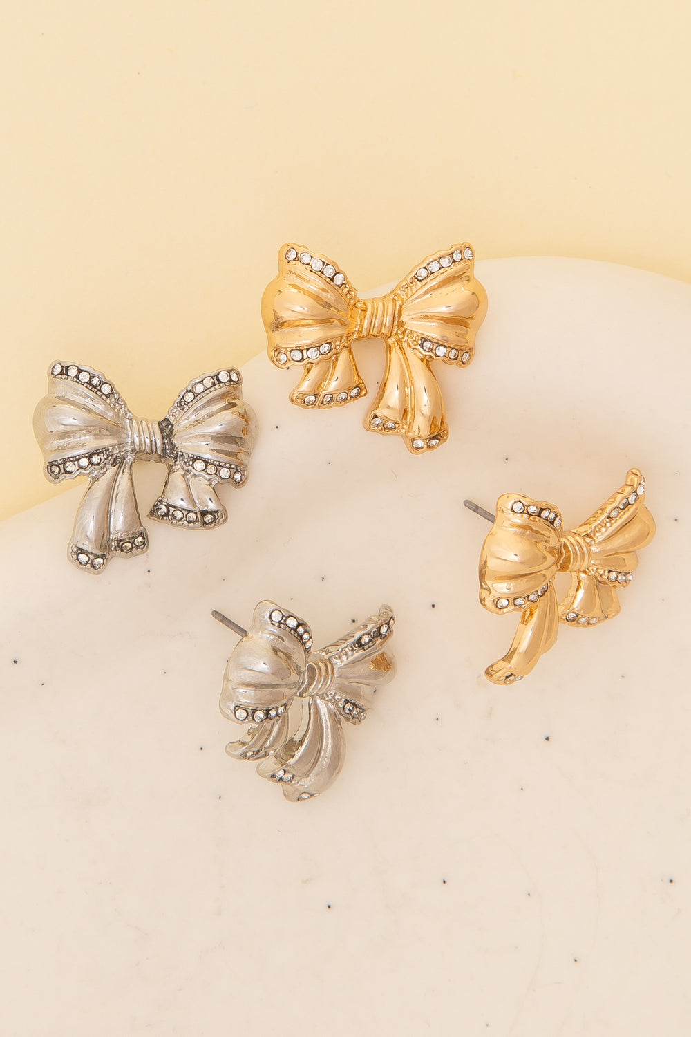 Alana Polished Rhinestone Paved Textured Bow Post Earrings