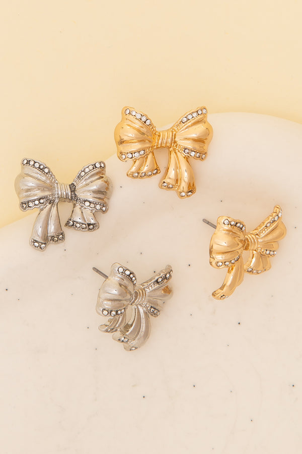 Alana Polished Rhinestone Paved Textured Bow Post Earrings