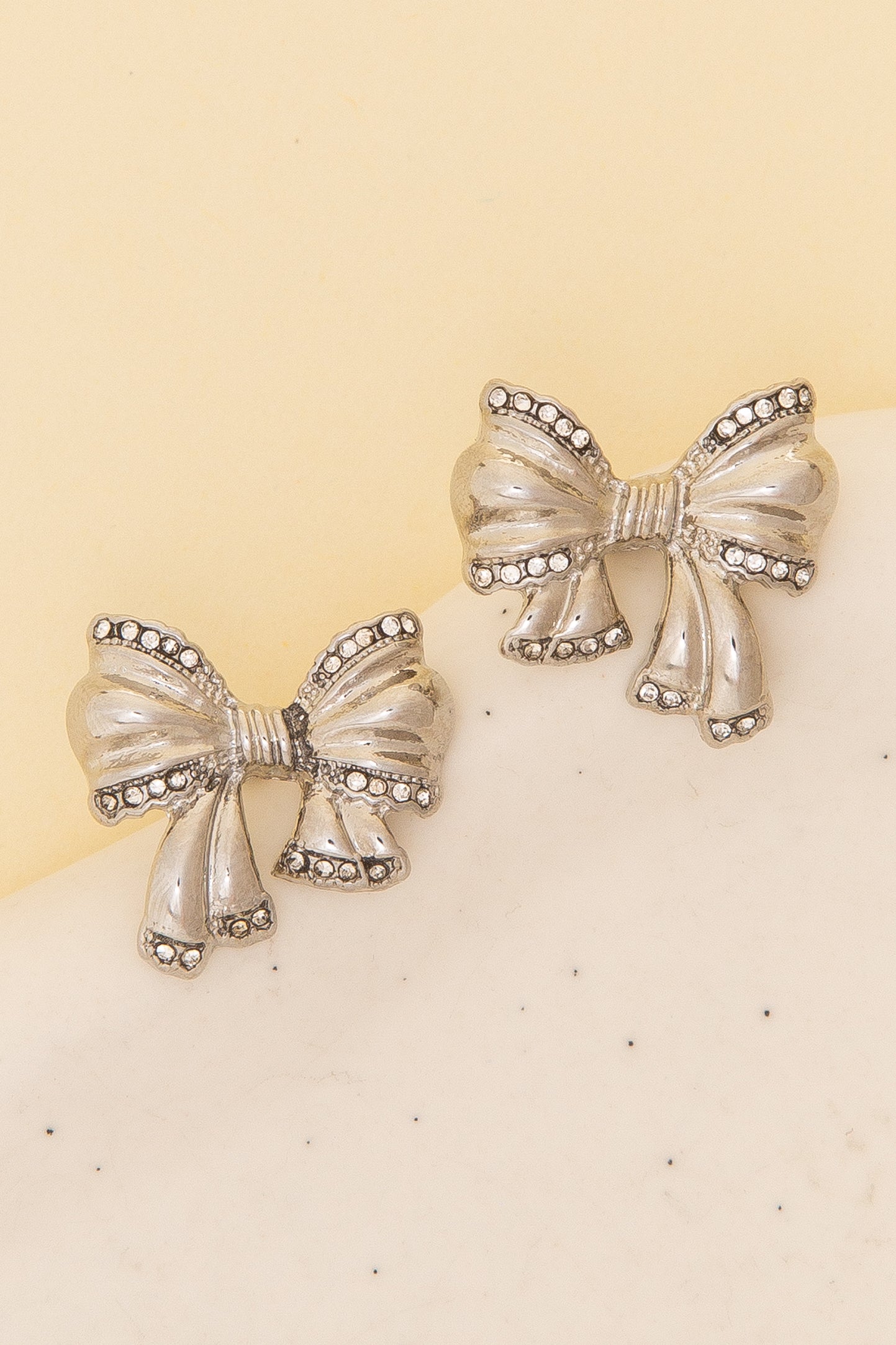 Alana Polished Rhinestone Paved Textured Bow Post Earrings | Silver