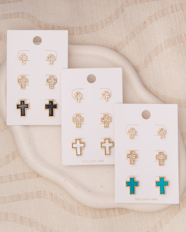 Kassidy 3-Pair Rhinestone Pavé Latin Cross Post Earring Set