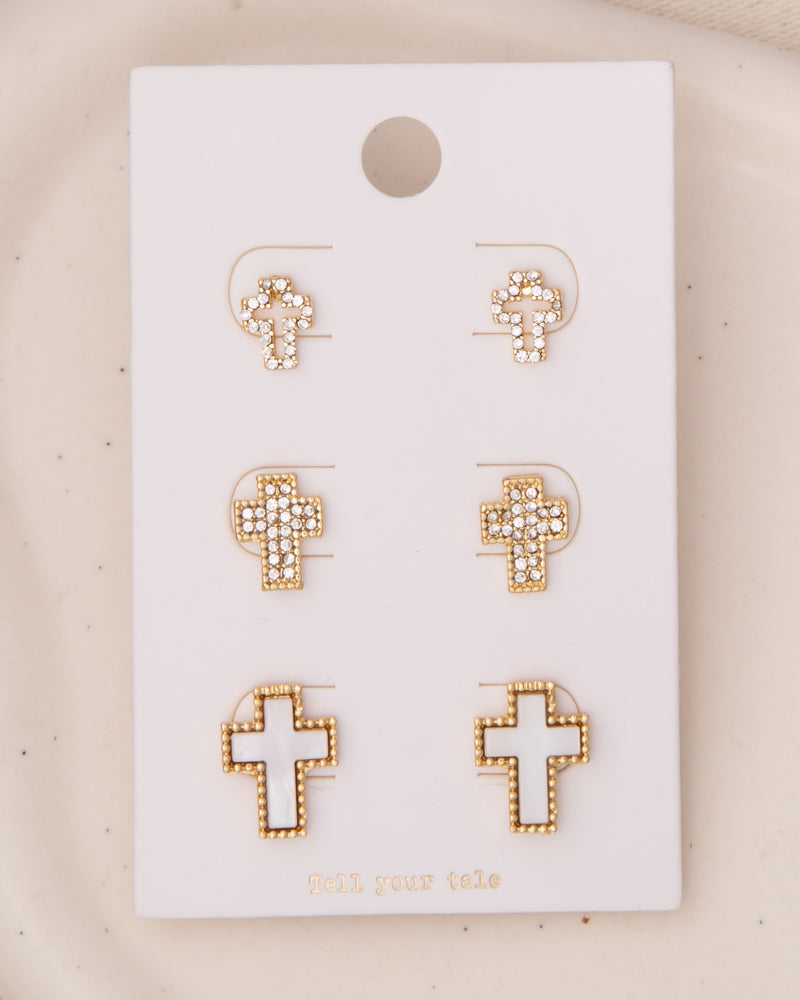 Kassidy 3-Pair Rhinestone Pavé Latin Cross Post Earring Set | Opal