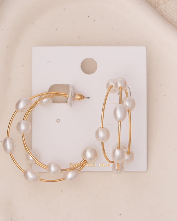 Mazie Polished Pearl Beaded Open Crescent Moon Wire Hoop Earrings