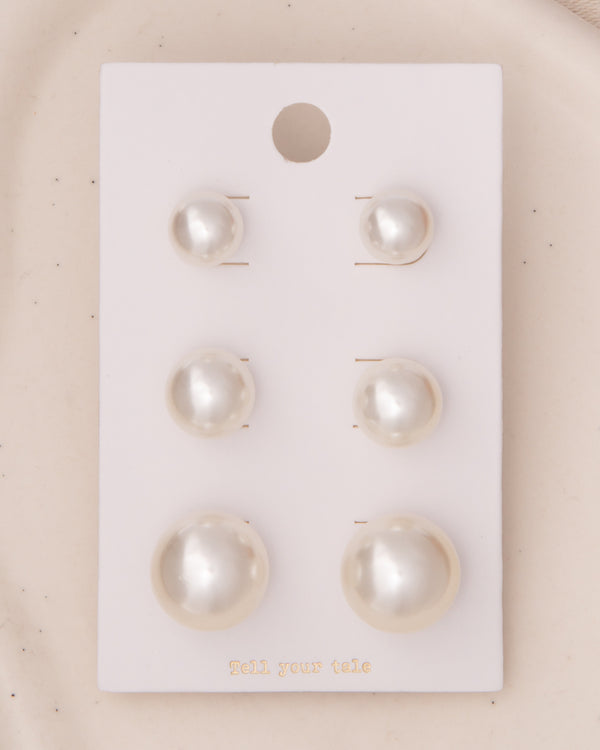 Rosalee 3-Pair Classic White Pearl Stud Earring Set in Gold