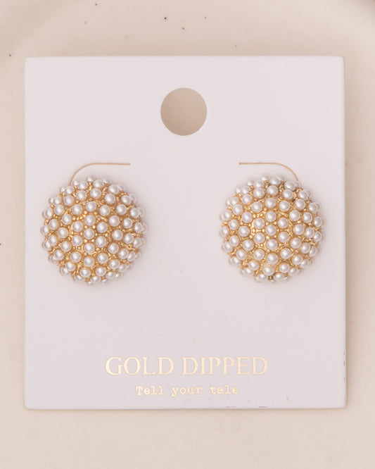 Natasha White Pearl Pavé Sphere Ball Earrings in Yellow Gold Plating