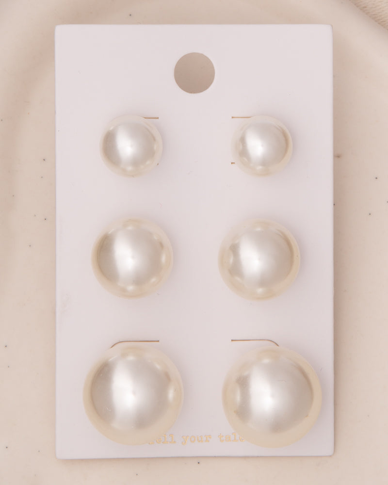 Madalyn 3-Pair Classic White Pearl Stud Earring Set in Gold