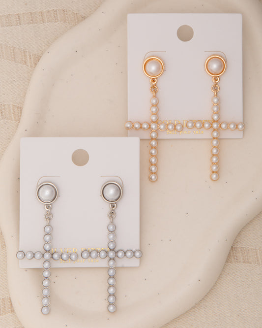 Zora White Pearl Pavé Stick Cross Post Dangle Earrings
