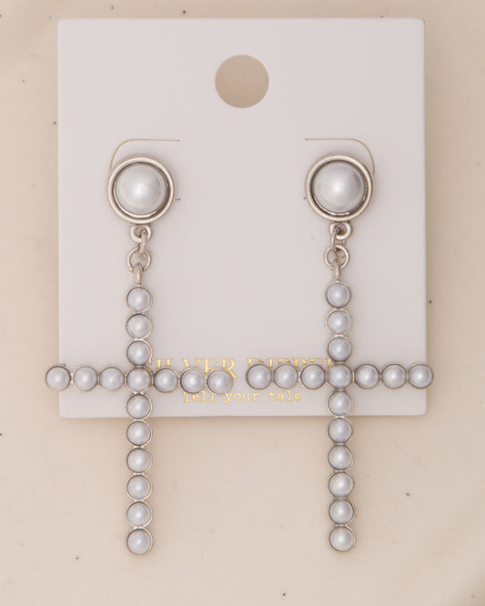 Zora White Pearl Pavé Stick Cross Post Dangle Earrings | Silver