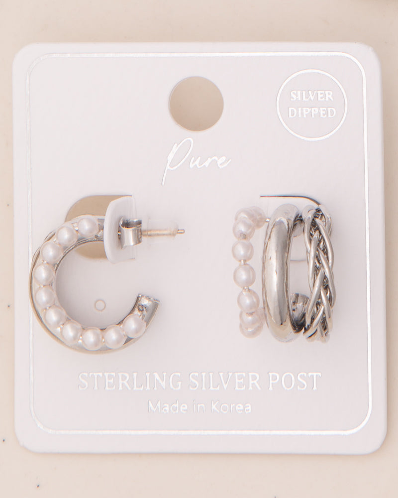 Natasha Multiforme Sculpted Pearl Embellished Open Hoop Post Earring | Silver