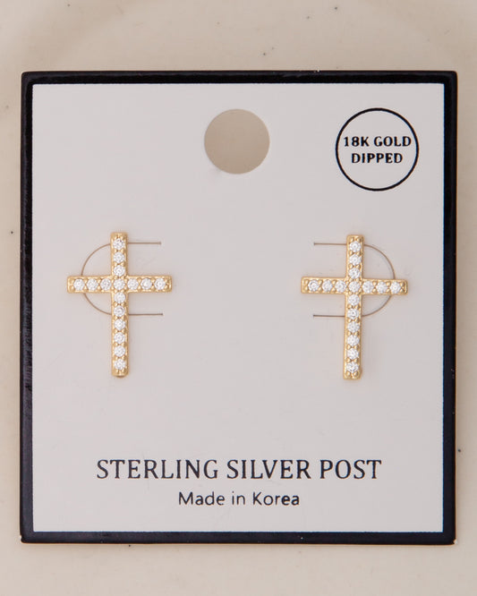 Stella Crystal Pavé Stick Cross Post Earrings | Gold