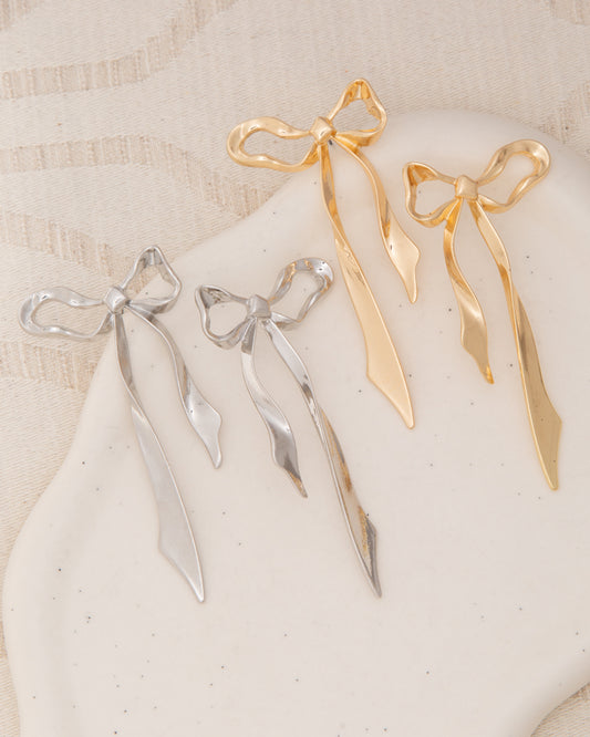 Luna Polished Finish Long Tail Bow Post Drop Earrings