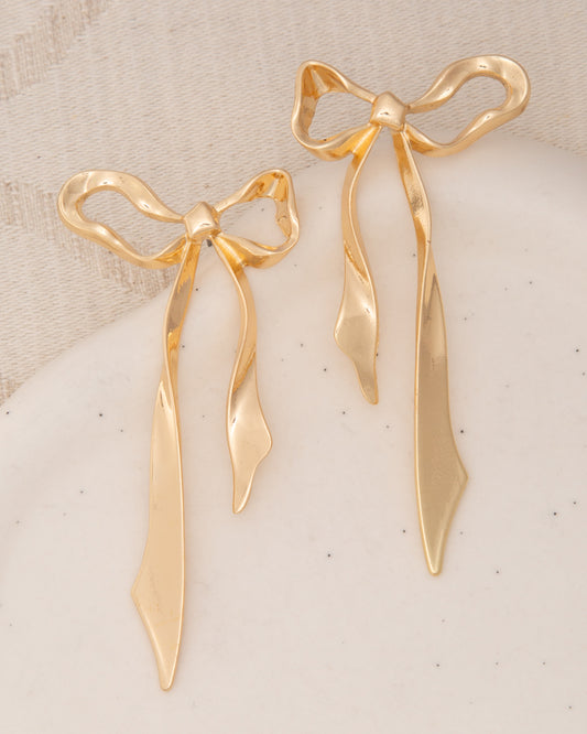 Luna Polished Finish Long Tail Bow Post Drop Earrings | Gold