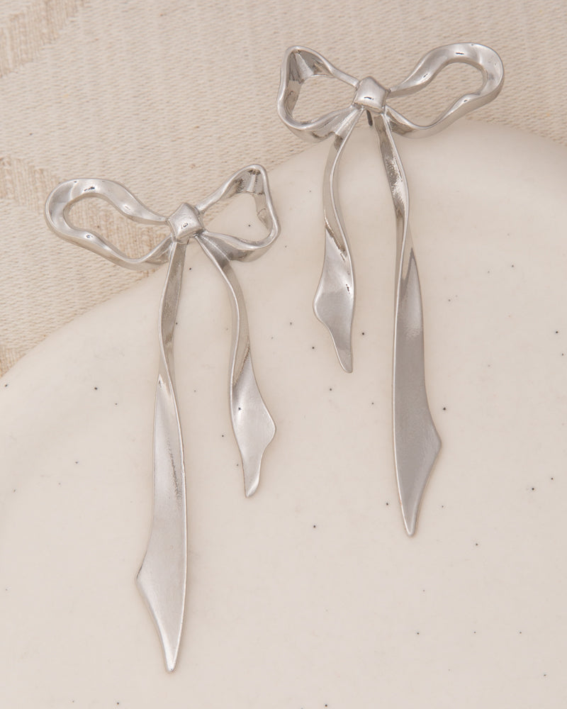 Luna Polished Finish Long Tail Bow Post Drop Earrings | Silver