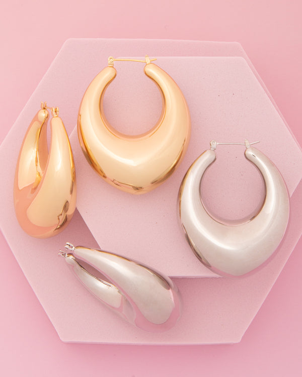 Serenity Polished Oval Hoop Earrings in Yellow or White Gold Plating
