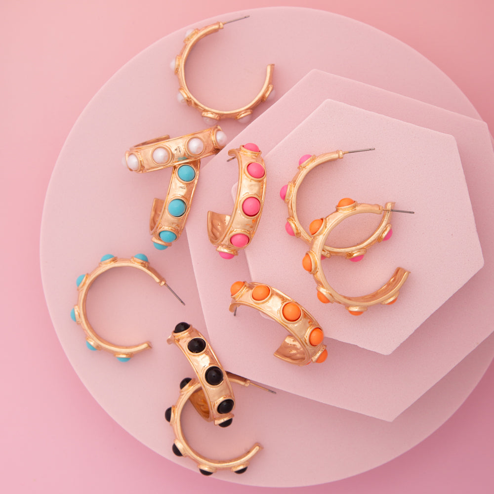 Melanie Bezel-Set Faux Cabochon C-Hoop Post Earrings