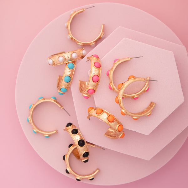 Melanie Bezel-Set Faux Cabochon C-Hoop Post Earrings