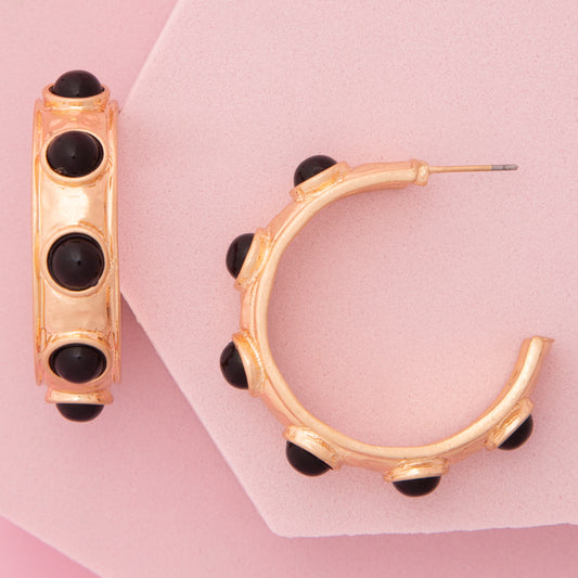 Melanie Bezel-Set Faux Cabochon C-Hoop Post Earrings | Black