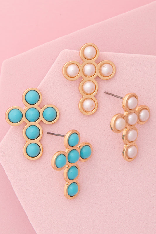 Sienna Turquoise / Pearl Bezel Cross Post Earrings