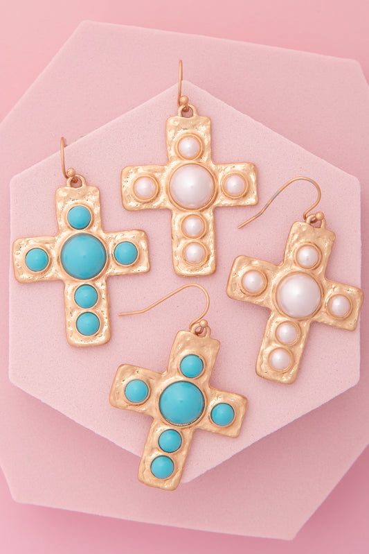 Sage Turquoise / Pearl Bezel Cross Dangle Earrings